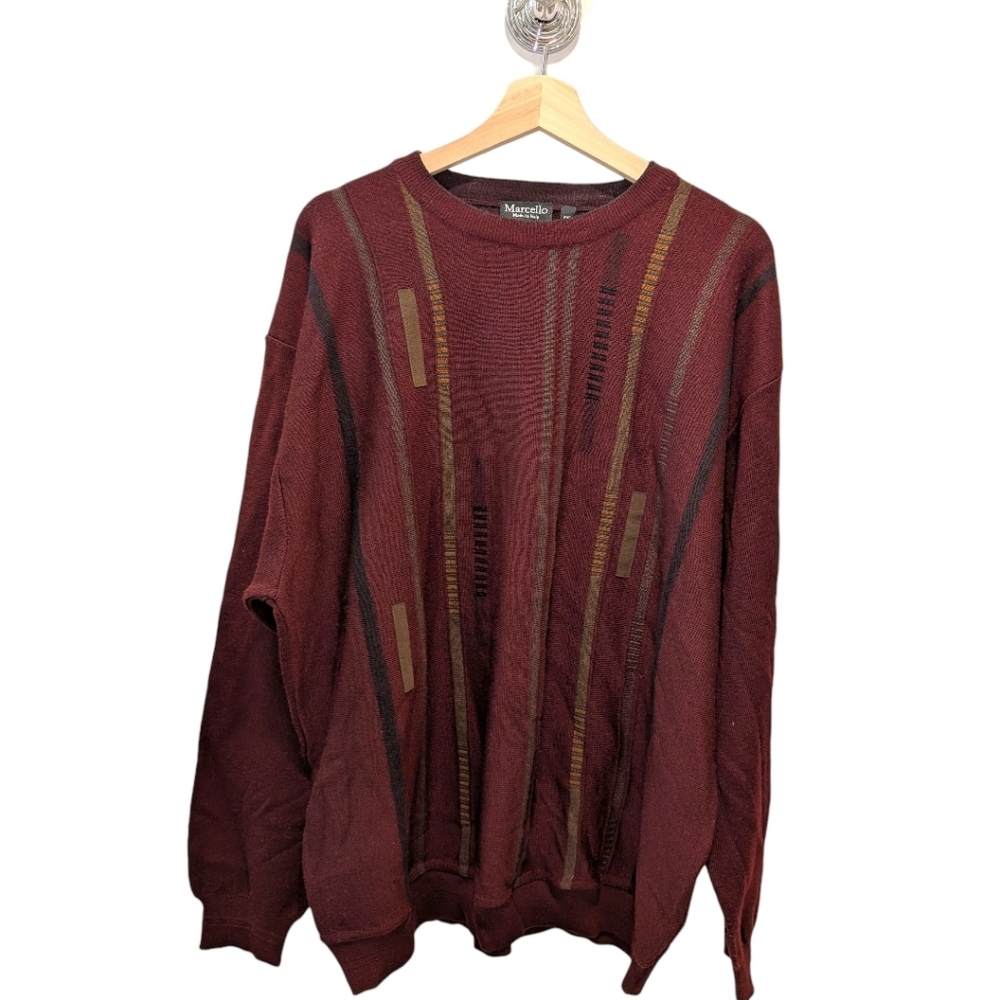 Marcello Italy Burgundy Abstract Geometric Knit Sweater Vintage Made Italy XXL